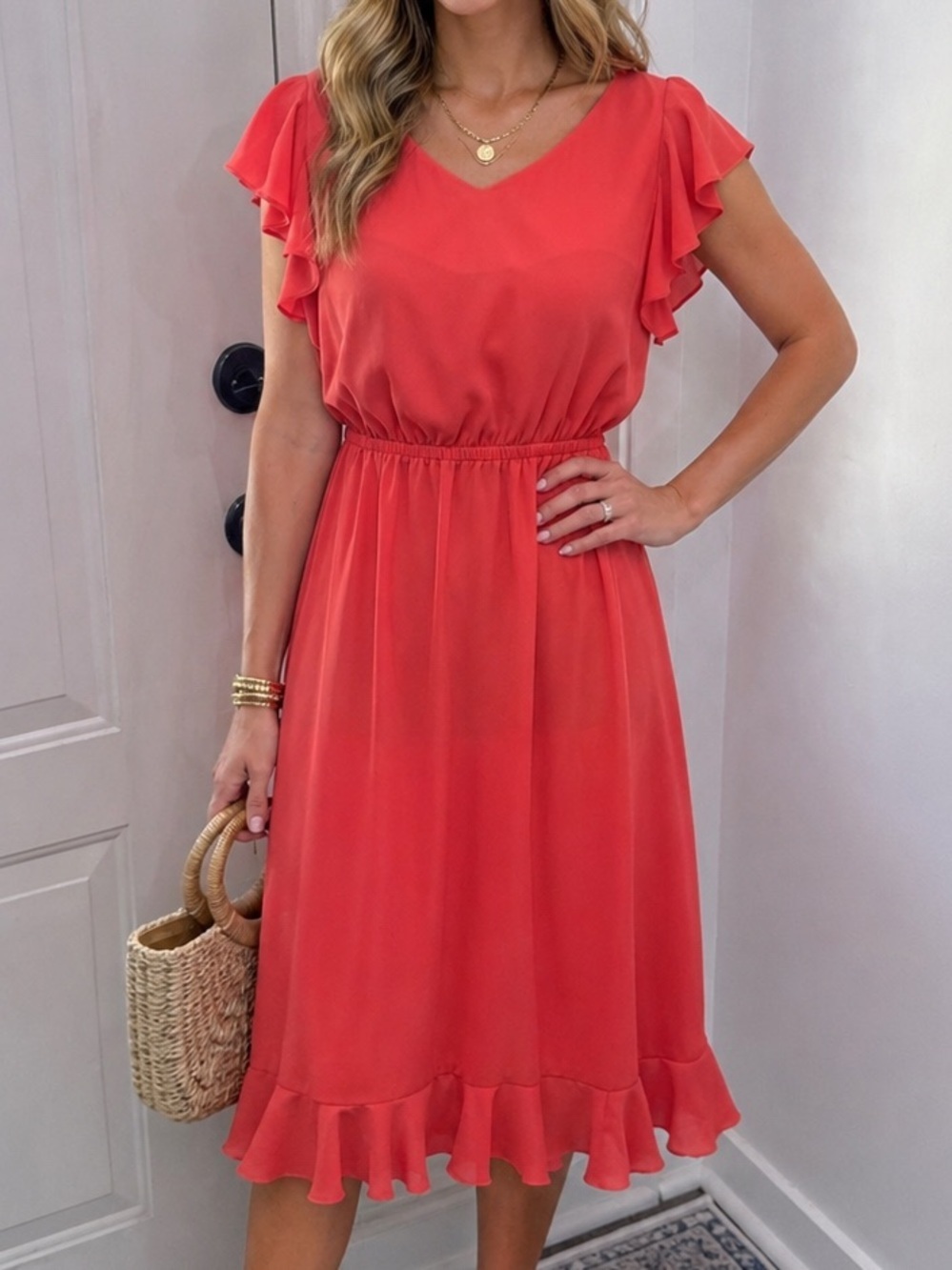 Gabby Skye Red Ruffle Sleeve Midi Dress Size 4